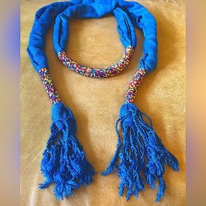Handmade Beaded Blue Necklace Scarf With Tassel Ends